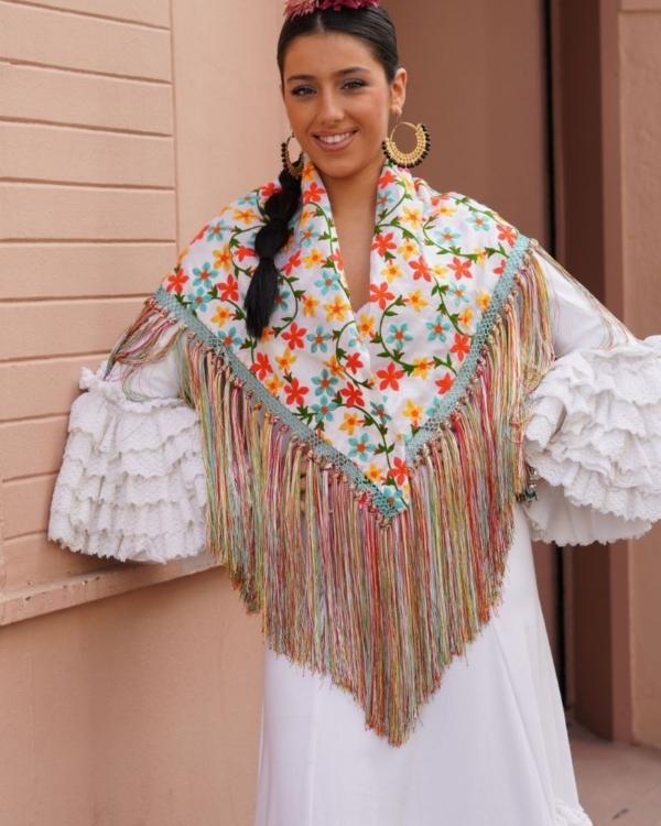 Mantoncillo Flamenca Flores Blanco