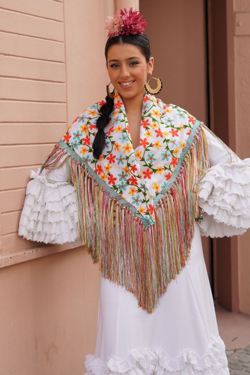 Mantoncillo Flamenca Flores Blanco