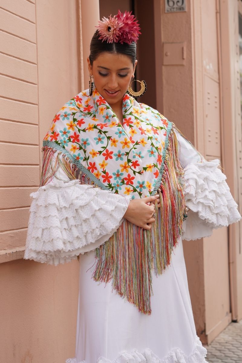 Mantoncillo Flamenca Flores Blanco - Imagen 2