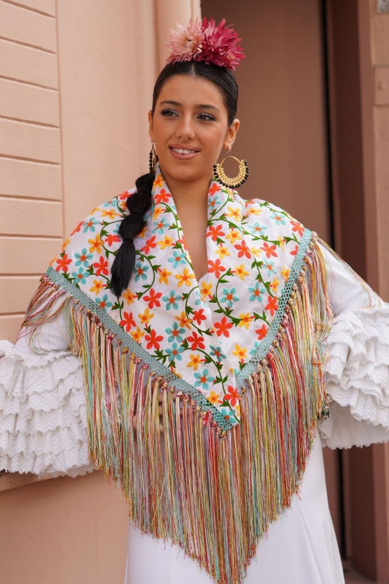 Mantoncillo Flamenca Flores Blanco - Imagen 3